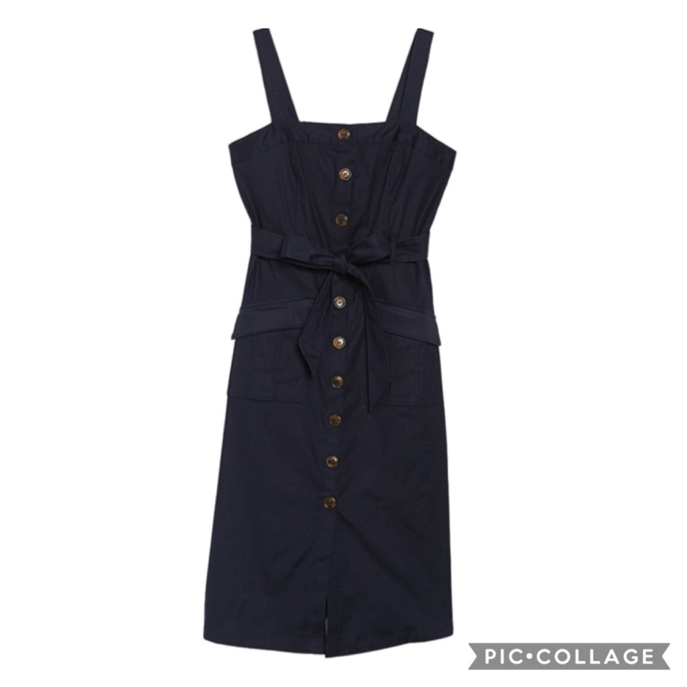 Navy button front midi overall dress